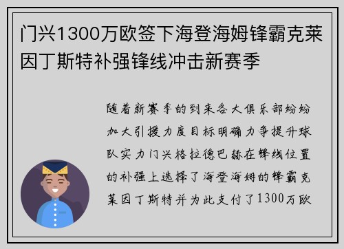 门兴1300万欧签下海登海姆锋霸克莱因丁斯特补强锋线冲击新赛季 门兴1300万欧签下海登海姆锋霸克莱因丁斯特补强锋线冲击新赛季
