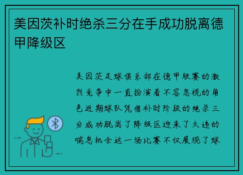 美因茨补时绝杀三分在手成功脱离德甲降级区