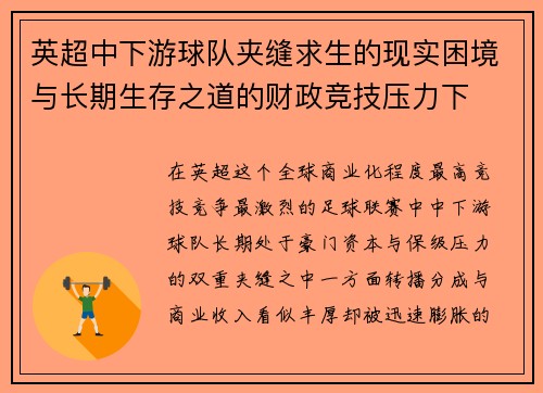 英超中下游球队夹缝求生的现实困境与长期生存之道的财政竞技压力下 英超中下游球队夹缝求生的现实困境与长期生存之道的财政竞技压力下