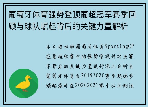 葡萄牙体育强势登顶葡超冠军赛季回顾与球队崛起背后的关键力量解析