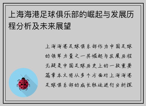 上海海港足球俱乐部的崛起与发展历程分析及未来展望